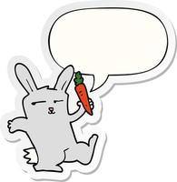 coelho de desenho animado e cenoura e adesivo de bolha de fala