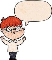 menino de desenho animado usando óculos e bolha de fala no estilo de textura retrô vetor