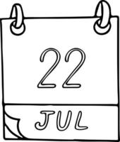 calendário desenhado à mão em estilo doodle. 22 de julho. Dia Mundial do Cérebro, Data. ícone, elemento de adesivo para design. planejamento, férias de negócios vetor