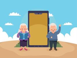 casal de velhos estudando com smartphone vetor