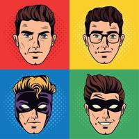 quatro super-heróis cabeças pop art vetor