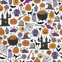 bonito padrão sem emenda com rabiscos de halloween em fundo branco. bom para papel de embrulho festivo, scrapbooking, estampas têxteis, papel de parede, papelaria, etc. eps 10 vetor