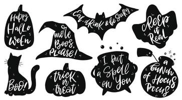 conjunto de 8 citações de halloween escritas dentro de silhuetas de abóboras, gato, chapéu de bruxa, cuba de poção, morcego e fantasma. bom para cartões, stcikers, estampas, sublimação, decoração de roupas, etc. eps 10