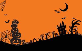 banner de venda de halloween horizontal. banner de promoção de férias com fantasma voador, fantasma, aranha preta e morcego, abóbora assustadora, ziguezague e confete em fundo laranja, ilustração vetorial. vetor