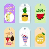 etiquetas de presente com elementos de verão. frutas tropicais dos desenhos animados, sorvete, milk-shake, limonada. rótulos coloridos de verão vetor