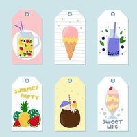 etiquetas de presente com elementos de verão. frutas tropicais dos desenhos animados, sorvete, milk-shake, coquetéis. rótulos coloridos de verão vetor