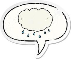 adesivo angustiado de nuvem de chuva de desenho animado e bolha de fala vetor