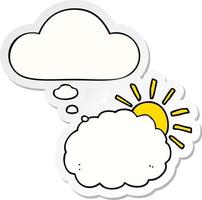 símbolo de sol e nuvem de desenho animado e balão de pensamento como um adesivo impresso vetor