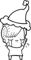 desenho de linha de uma garota chorando usando chapéu de papai noel vetor