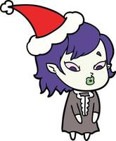 desenho de linha bonito de uma garota vampira usando chapéu de papai noel vetor