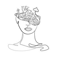 rosto de mulher abstrata com cogumelos na arte mínima cabeça, desenho de linha, ilustração vetorial. fantasia psicodéica desenho de uma menina com cogumelos, esboço para design de logotipo, impressão de t-shirt, ideia de tatuagem, emblema vetor