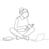 mulher, aluna lendo um livro sentado no chão com um desenho de linha contínua de laptop aberto, vector illustration.education concept.distance learning.