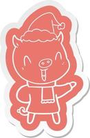 adesivo de desenho animado feliz de um porco em roupas de inverno usando chapéu de papai noel vetor