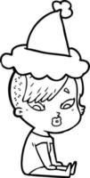 desenho de linha de uma garota surpresa usando chapéu de papai noel vetor