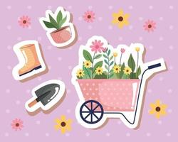 jardinagem flores no carrinho de mão vetor