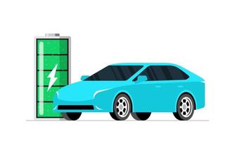 conceito de estação de carregador de carro elétrico. veículo azul elétrico inteligente carregando com bateria verde. carga de energia de transporte ev moderna eletrificada. recarga de energia de transporte ecológico. ilustração vetorial vetor