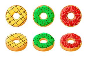 doce colorido saboroso donut conjunto isolado no fundo branco. vista superior de rosquinha vitrificada e coleção 3d para decoração de café ou design de menu. padaria de pastelaria verde e vermelha amarela. ilustração em vetor eps