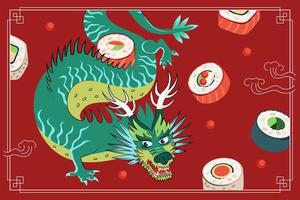 comida japonesa maki sushi desenho design de cartaz. arroz de prato nacional do japão e rolos de frutos do mar crus. banner de publicidade de sushi bar. menu de restaurante asiático ou decoração de folheto com dragão azul. vetor eps