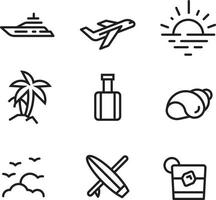 conjunto de ícones de verão inclui barco ou iate, avião decolando, pôr do sol ou nascer do sol sobre o oceano, palmeiras, mala de viagem, concha, pássaros reunindo-se sobre as nuvens, pranchas de surf e coquetéis. vetor