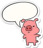 desenho animado porco com raiva apontando e adesivo de bolha de fala vetor