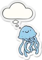 medusa feliz dos desenhos animados e balão de pensamento como um adesivo impresso vetor