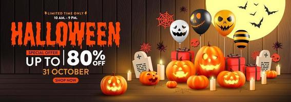 cartaz de promoção de venda de halloween ou banner com abóbora e balões fantasma de halloween. balões de ar assustadores, elementos de morcego e halloween. site assustador, plano de fundo ou banner modelo de halloween. vetor