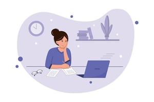 conceito de educação on-line. mulher com laptop sentado na cadeira. freelance ou estudando conceito. vetor