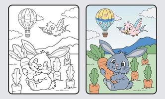 livro de colorir educacional de coelho e cenoura dos desenhos animados para crianças e escola primária, ilustração vetorial.
