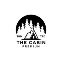 cabine de madeira premium e floresta de pinheiros no círculo vector design de logotipo preto