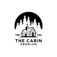 cabine de madeira premium e floresta de pinheiros no círculo vector design de logotipo preto