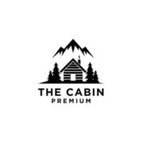 cabine de madeira premium e design de logotipo preto retrô de montanha de floresta de pinheiros vetor