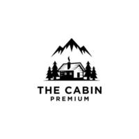 cabine de madeira premium e design de logotipo preto retrô de montanha de floresta de pinheiros vetor