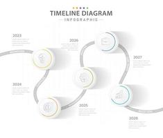 modelo de infográfico para negócios. Calendário de diagrama de linha do tempo moderno de 5 etapas com tópicos circulares e anuais, infográfico de vetor de apresentação.
