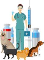 veterinário de estimação. médico veterinário verificando e tratando animais. ideia de cuidados com animais de estimação. personagens de gatos de cães veterinários vetor