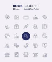 conjunto de ícones do livro. ícones do livro de educação. conjunto contém ícones como caderno, biblioteca, estante, livro de texto e muito mais.