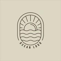 ondas do mar linha arte logotipo vetor simples ilustração minimalista modelo ícone design gráfico. onda do mar com sinal do sol ou símbolo para empresa de viagens com tipografia e crachá