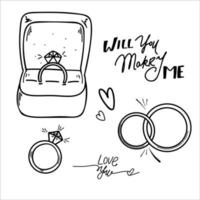 desenho vetorial de anel de casamento com diamante em estilo doodle isolado preto sobre fundo branco anel em uma ilustração vetorial de caixa vetor