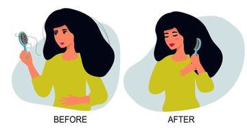 mulher feminina com um pente na mão. queda de cabelo, alopecia em idade jovem, problemas de cabelo, calvície. ilustração vetorial plana