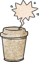 xícara de café para viagem de desenho animado e bolha de fala no estilo de textura retrô vetor