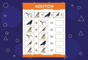 adição com diferentes pássaros para crianças. uma planilha educacional para crianças. desenho vetorial vetor