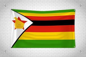 bandeira do zimbabwe pendurada na parede de tijolos. desenho 3D. bandeira pendurada na parede. desenhando ordenadamente em grupos em camadas separadas para facilitar a edição. vetor