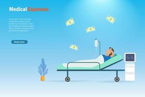 paciente na cama do hospital com dinheiro voador, sentindo-se preocupado com as despesas médicas. ideia para seguro de saúde e planejamento de investimento financeiro para assistência médica. vetor