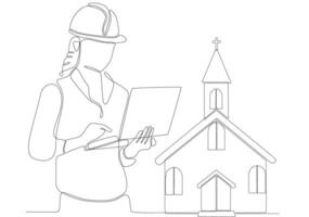 arquiteta feminina de linha contínua construindo ilustração vetorial de igreja vetor
