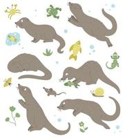 conjunto de vetores de lontras engraçadas planas estilo cartoon em diferentes poses com sapo, caranguejo, peixe, lagarto clip-art. ilustração fofa de animais da floresta para design de crianças.