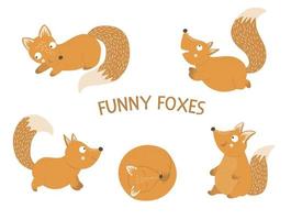 conjunto de vetores de raposas engraçadas planas desenhadas à mão estilo cartoon em poses diferentes. ilustração fofa de animais da floresta para design de crianças.