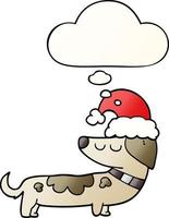 cão de desenho animado usando chapéu de natal e balão de pensamento em estilo gradiente suave vetor