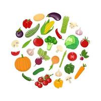 vegetais de variedade móvel em um círculo. bandeira de comida saudável orgânica vegetariana. vetor.