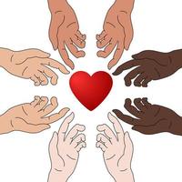 conceito de caridade e doação. mãos dão amor. igualdade racial. todos merecem amor. dar e compartilhar seu amor para as pessoas. ilustração vetorial. vetor