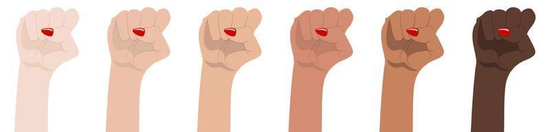 as mãos da mulher com o punho levantado. símbolo de unidade, revolução, protesto, cooperação e solidariedade. igualdade racial. poder feminino. conceito de feminismo. ilustração vetorial de estilo realista. vetor