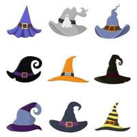 conjunto de chapéus de bruxa de desenhos animados diferentes isolados no fundo branco. festa de máscaras de fantasia de criança infantil. elementos de design para o halloween. ilustração vetorial. vetor
